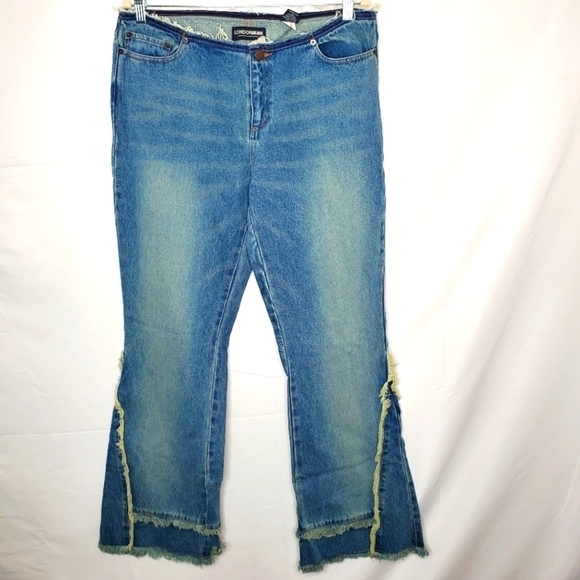 LondonJean Flare Fringe Jeans Size 14 Y2K Retro Frayed Waist Boho Denim Groovy - Picture 14 of 14